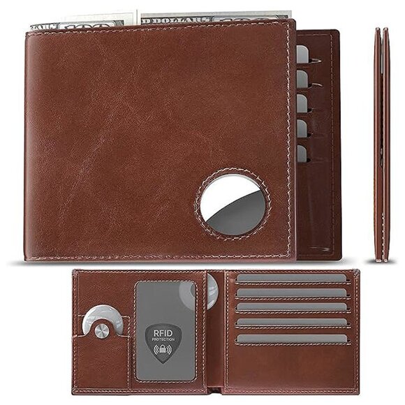 Mens Leather Wallet with AirTag Holder: Hidden Pocket , Oil Wax Brown